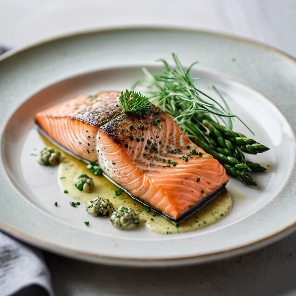 Golden-brown salmon fillets glistening with green herbs on a white plate