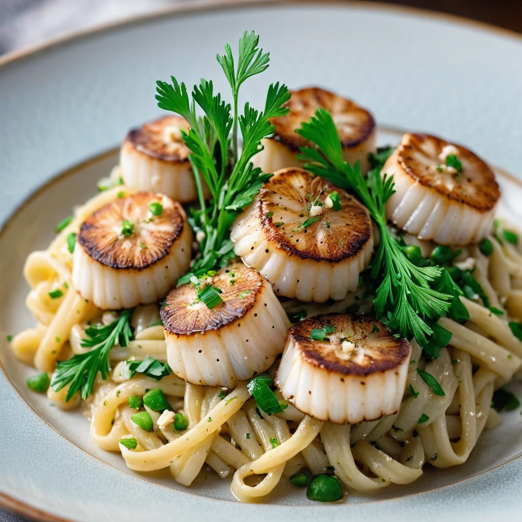Plump seared scallops with golden edges over a mound of yellow orzo pasta with specks of green parsley.