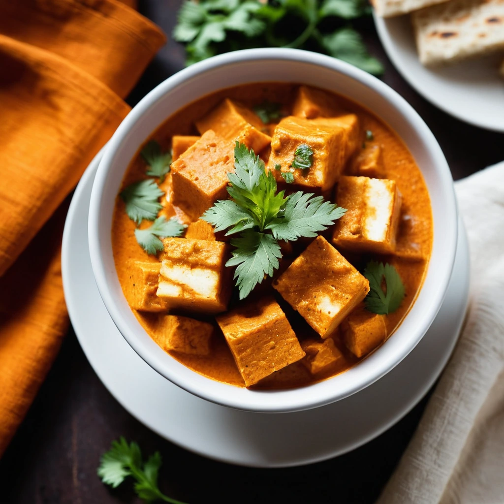 Paneer cubes in a rich, orange-hued sauce served in a deep bowl, garnished with fresh cilantro.