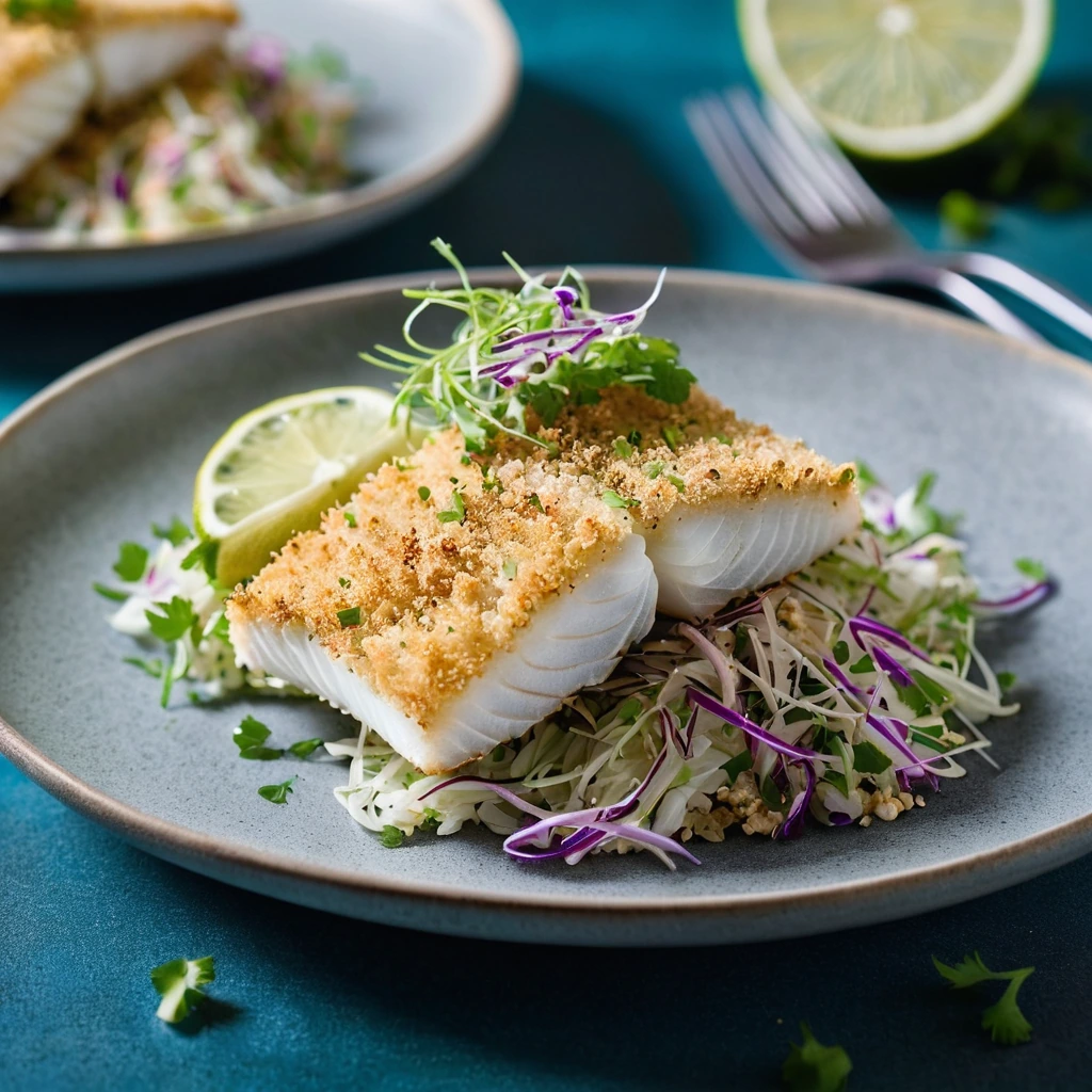 Two fillets of golden panko-crusted pollock on a plate with a vibrant green and purple tartar slaw on the side.