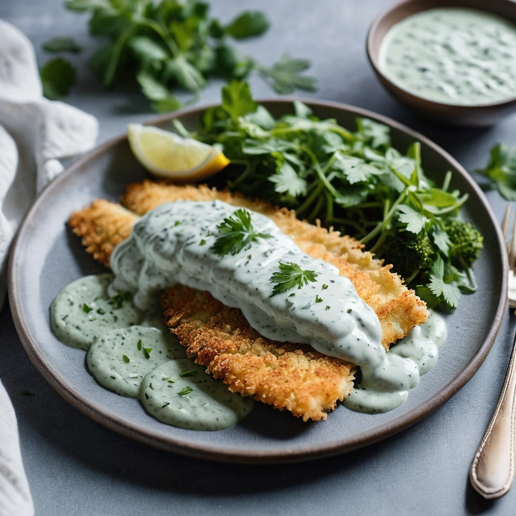 Two fillets of tilapia with golden panko crust on a white plate, drizzled with green herb yogurt sauce.