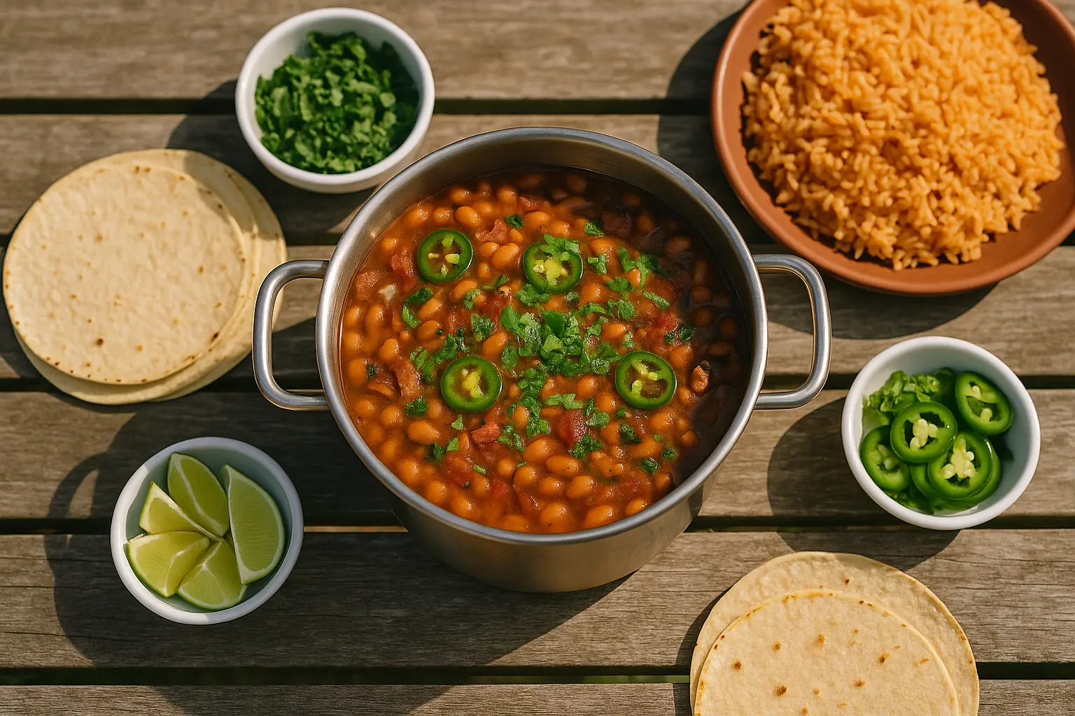 A pot of smoky charro beans with bacon, jalapeños, and cilantro.