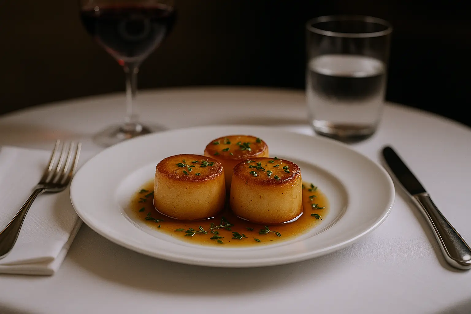 Golden fondant potatoes in a skillet with garlic and herbs.