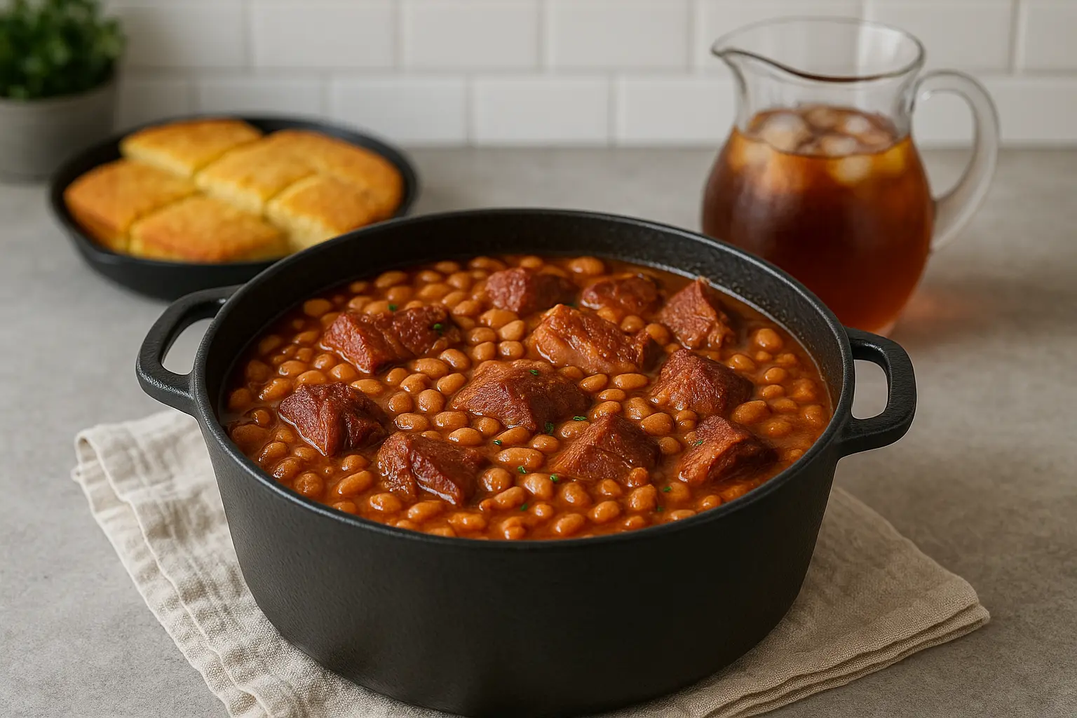 A hearty pot of Southern-style beans with ham hocks and hog jowl.