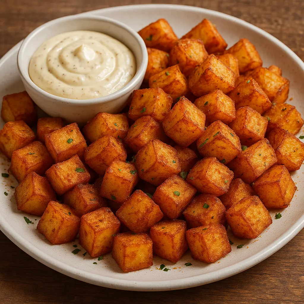 Crispy patatas bravas served with a creamy garlic bravas sauce.