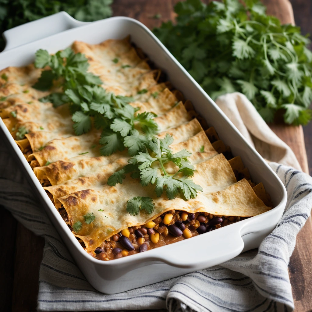 A golden-brown casserole dish filled with layers of tortillas, beans, and melted cheese, topped with fresh cilantro.