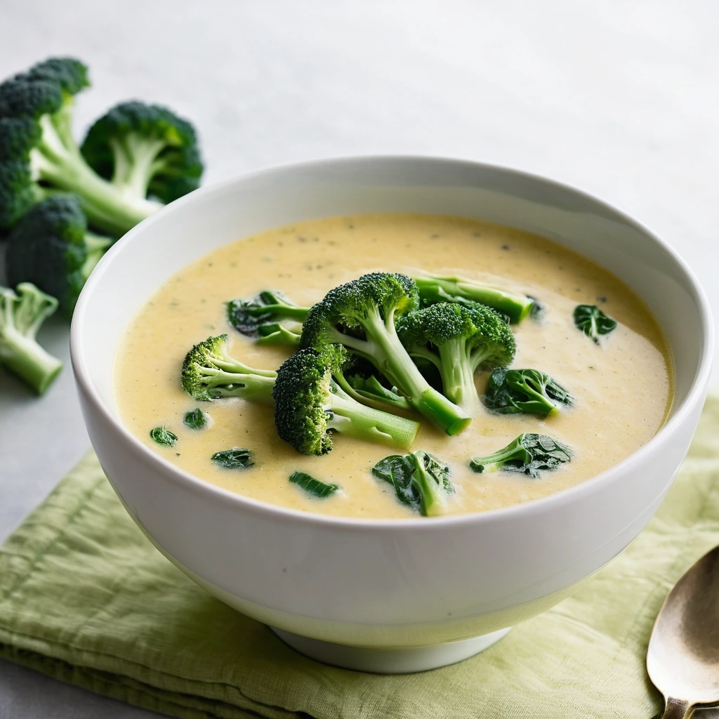 Steamy bowl of golden soup with broccoli florets and melted cheddar cheese on top.