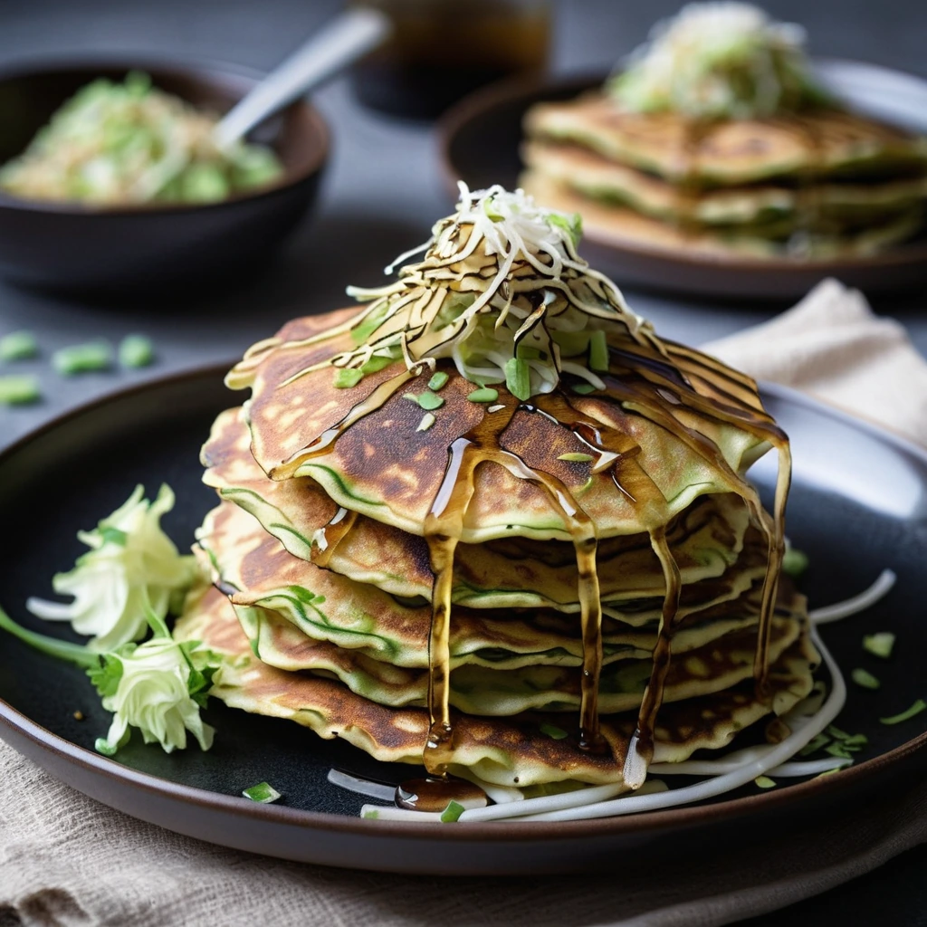 Golden brown pancakes with green cabbage flecks, drizzled with sauce, and dusted with bonito flakes.