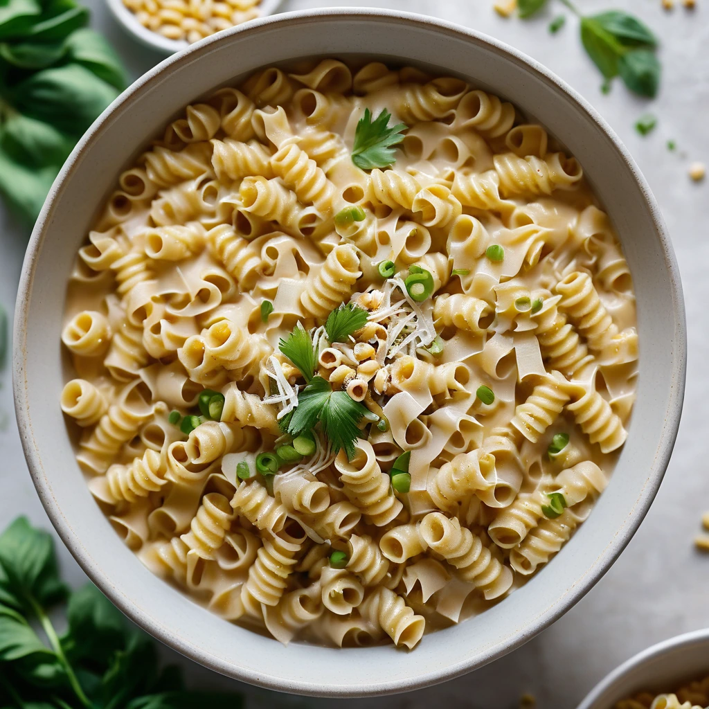 Golden pasta swirled in creamy white chowder with kernels of corn and green onions scattered throughout.