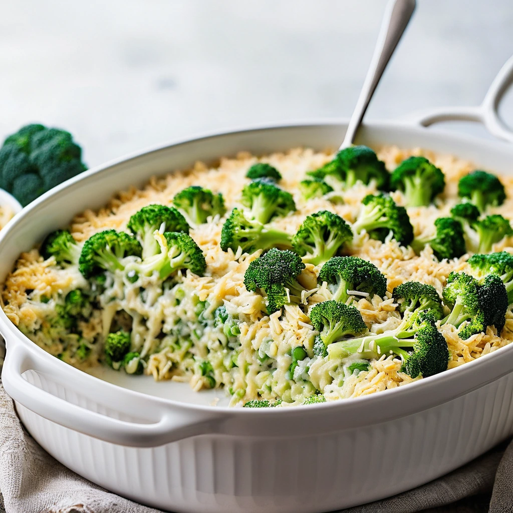 Golden casserole dish overflowing with a bubbly mix of broccoli, rice, and melted cheese.