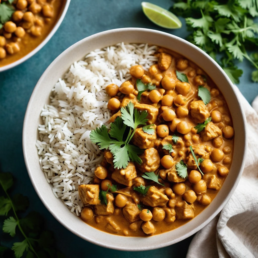Golden curry in a bowl with chunks of chicken and chickpeas, garnished with fresh cilantro.
