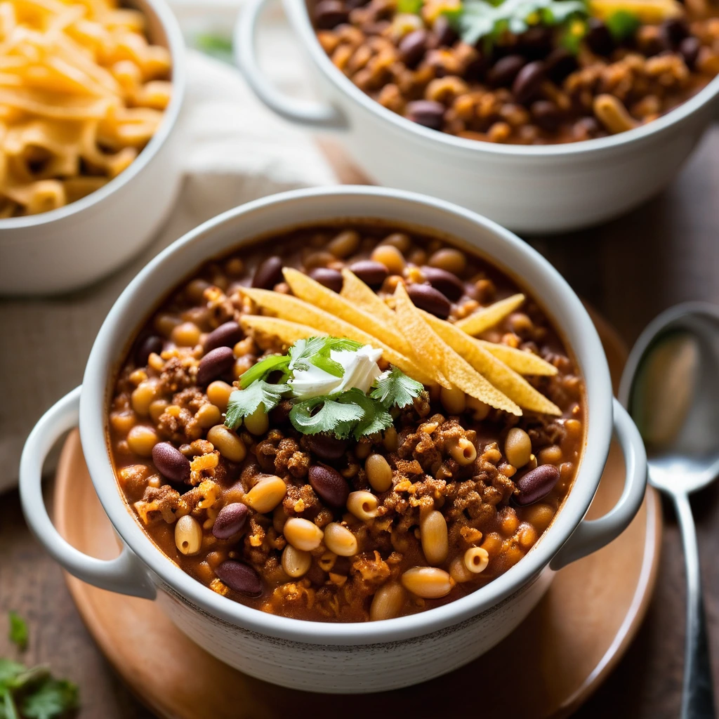 Steamy bowl of orange-brown chili over elbow macaroni with a sprinkle of shredded cheese on top.