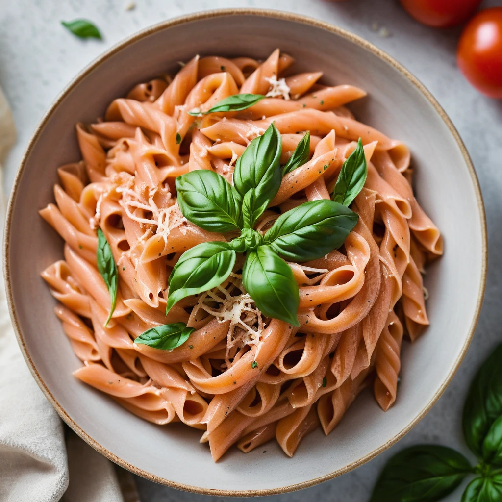 Golden pasta twirled with creamy tomato sauce, dotted with white tuna flakes and fresh basil.