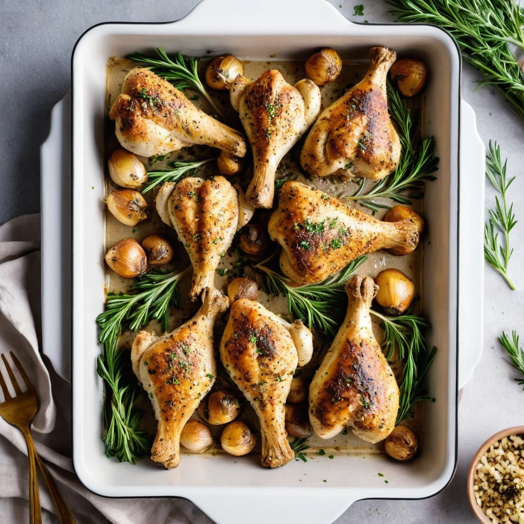 Baked chicken drumsticks arranged on a tray with roasted garlic cloves and fresh herbs, surrounded by golden drippings.