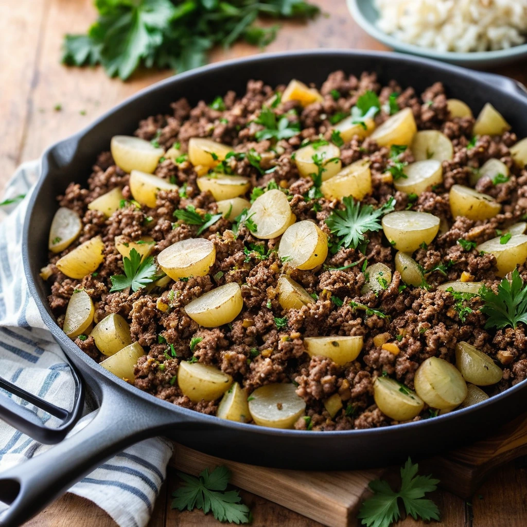 A sizzling skillet filled with crispy golden potatoes and browned ground beef topped with fresh parsley