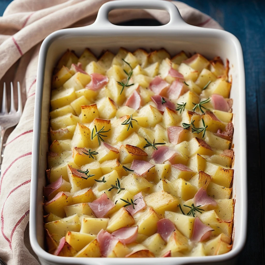Golden-brown casserole with crispy edges, bubbling with melted cheese and diced ham.