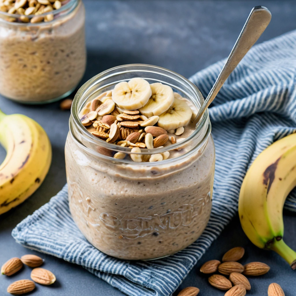 Bowl of thick overnight oats topped with sliced bananas and drizzled peanut butter