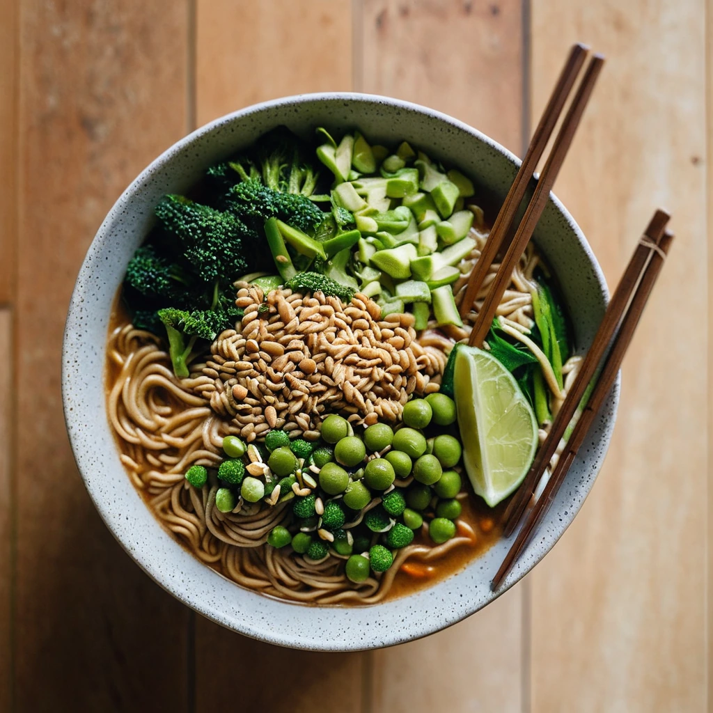 Steamy bowl of peanut butter ramen topped with vibrant green vegetables and sesame seeds.