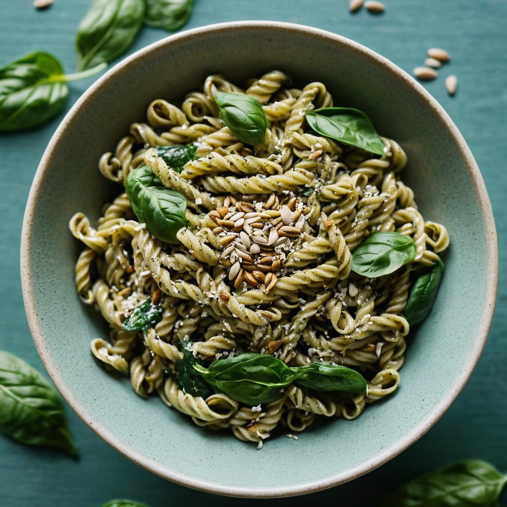 Green pasta in a bowl topped with bright green pesto, wilted spinach, and golden sunflower seeds.