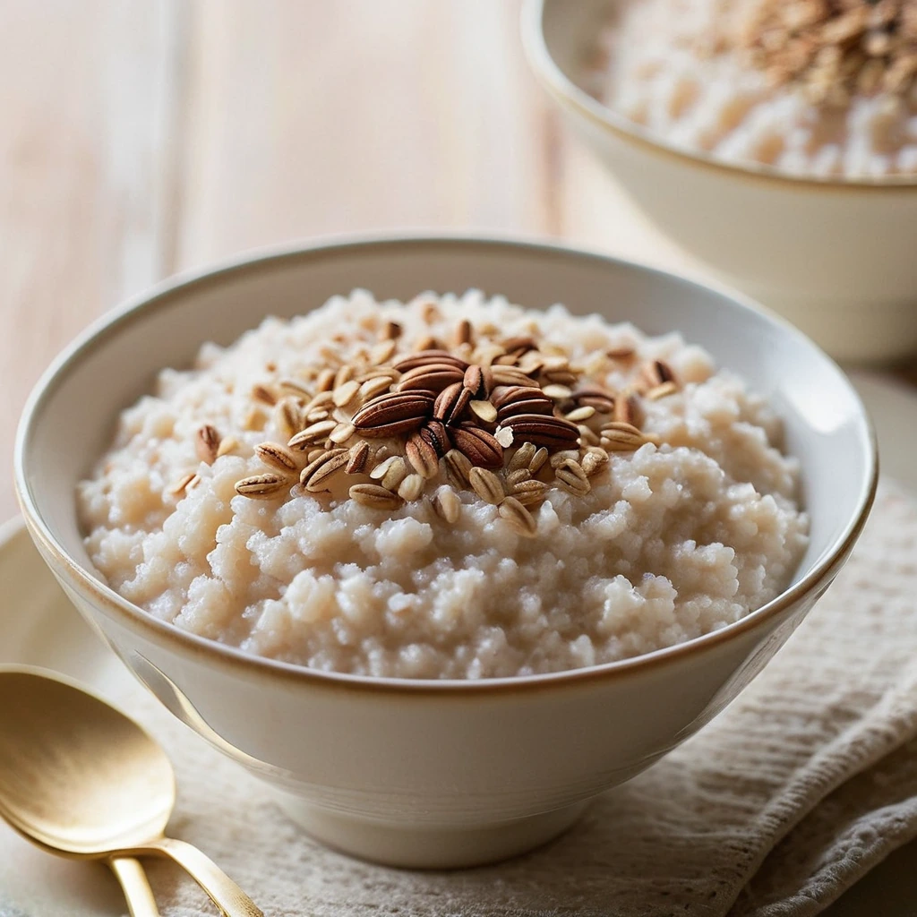Warm creamy rice pudding in a bowl topped with cinnamon and a sprinkle of nutmeg.