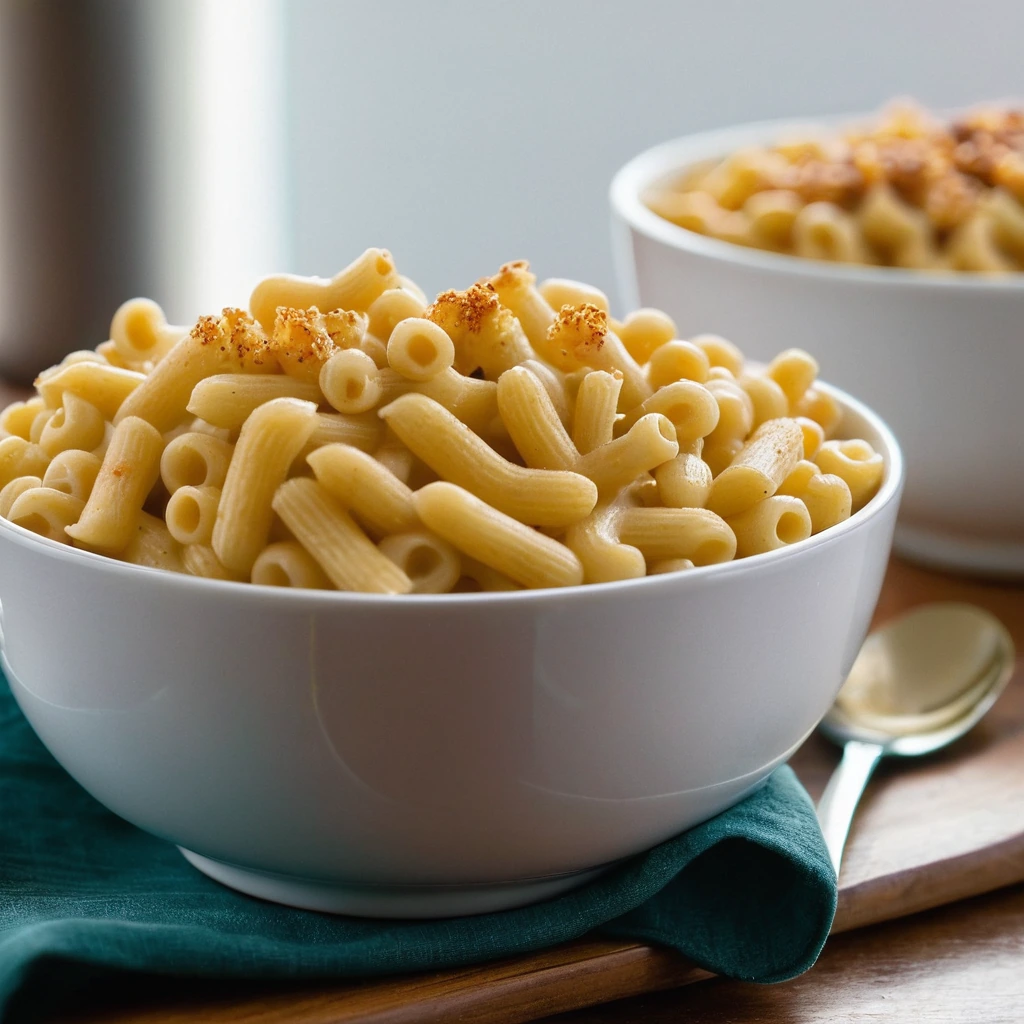 golden macaroni in a creamy cheese sauce served in a shallow bowl with a sprinkle of paprika