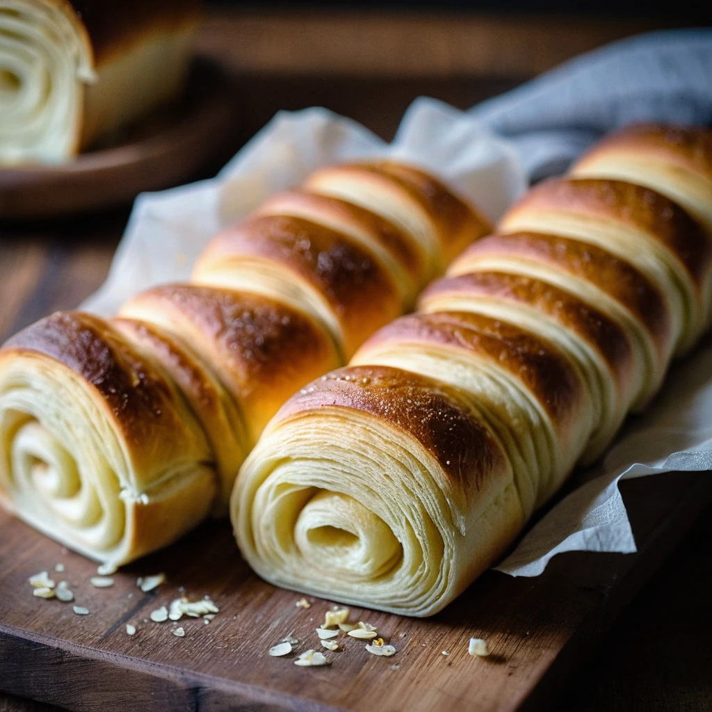 Golden brown butter rolls arranged on a rustic wooden board, one roll split open revealing a glistening butter crease.