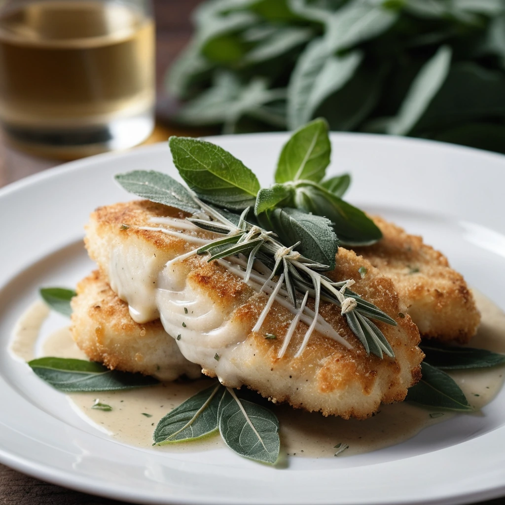 Plated golden chicken cutlets drizzled with brown butter sauce and sprinkled with sage leaves.