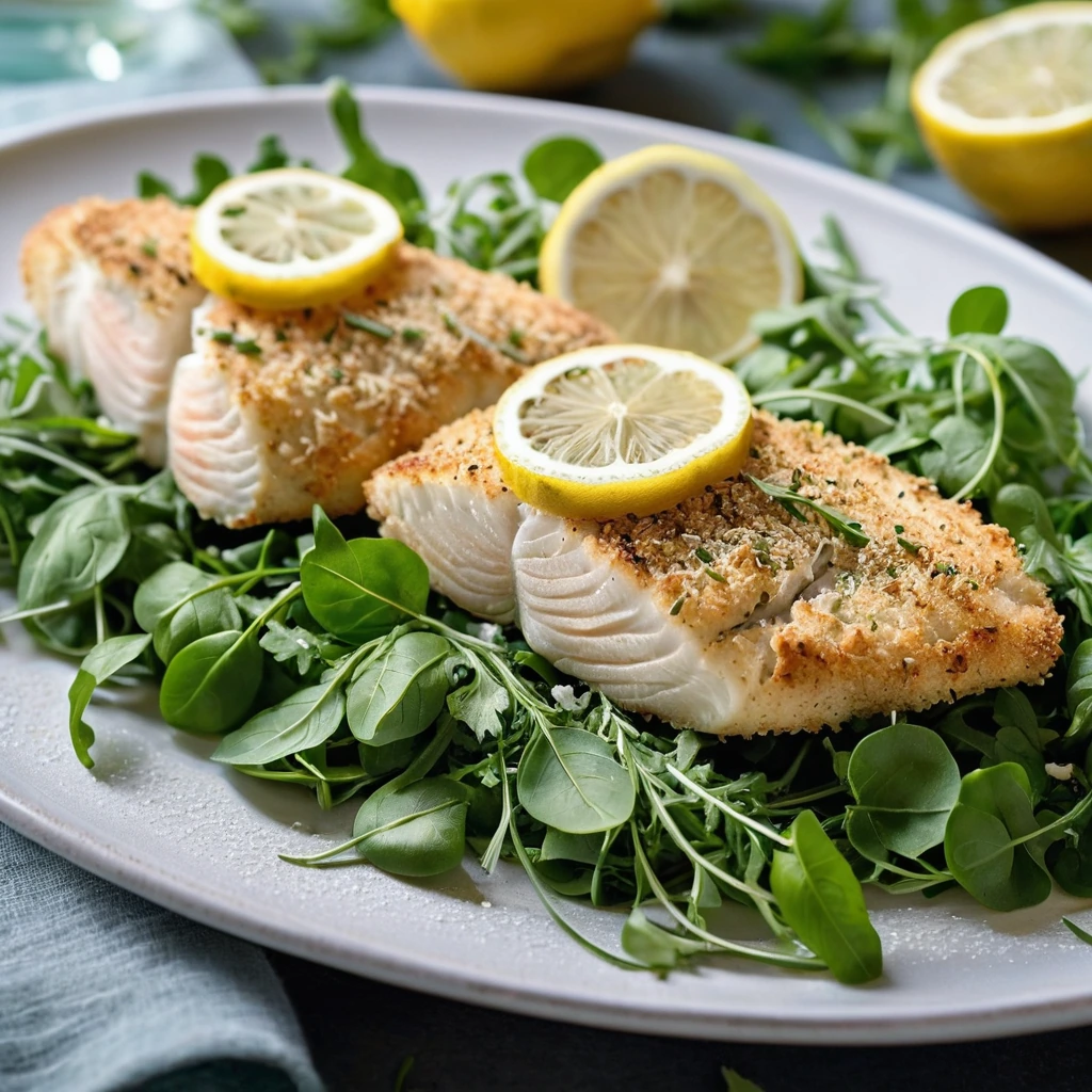 Two golden-brown chicken breasts on a bed of vibrant green arugula with lemon slices scattered on top.