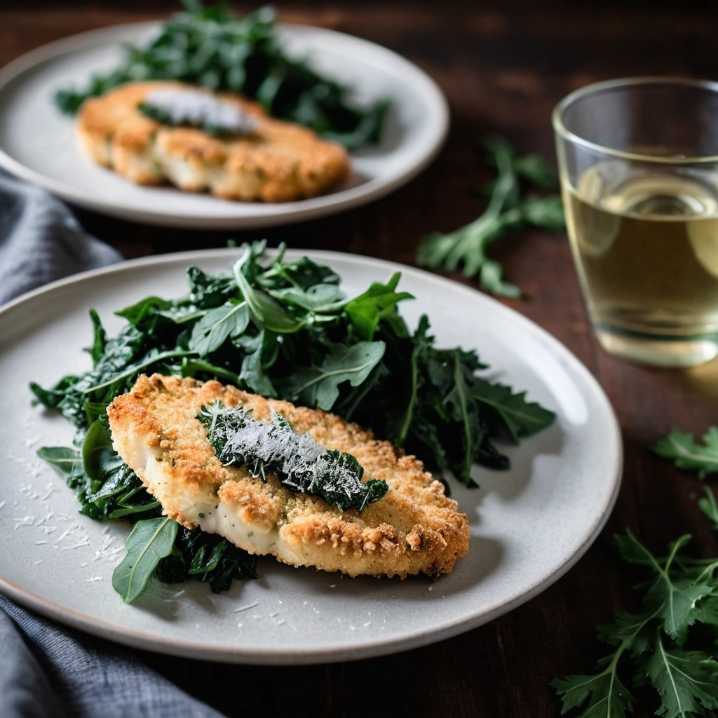 Plated parmesan-crusted chicken cutlets alongside a vibrant bed of sautéed winter greens.