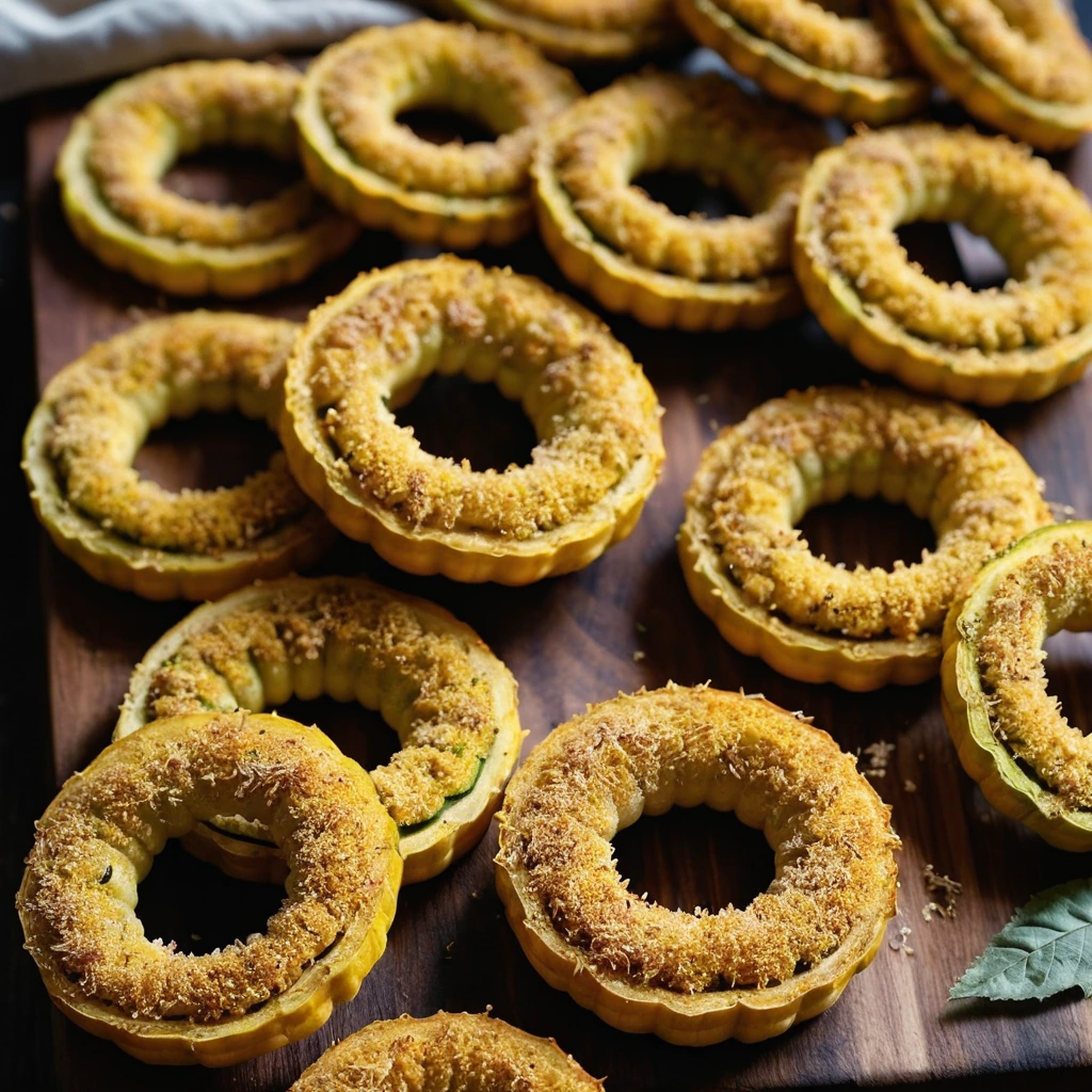 Delicata squash rings coated in a golden Parmesan crust, arranged on a rustic wooden board.