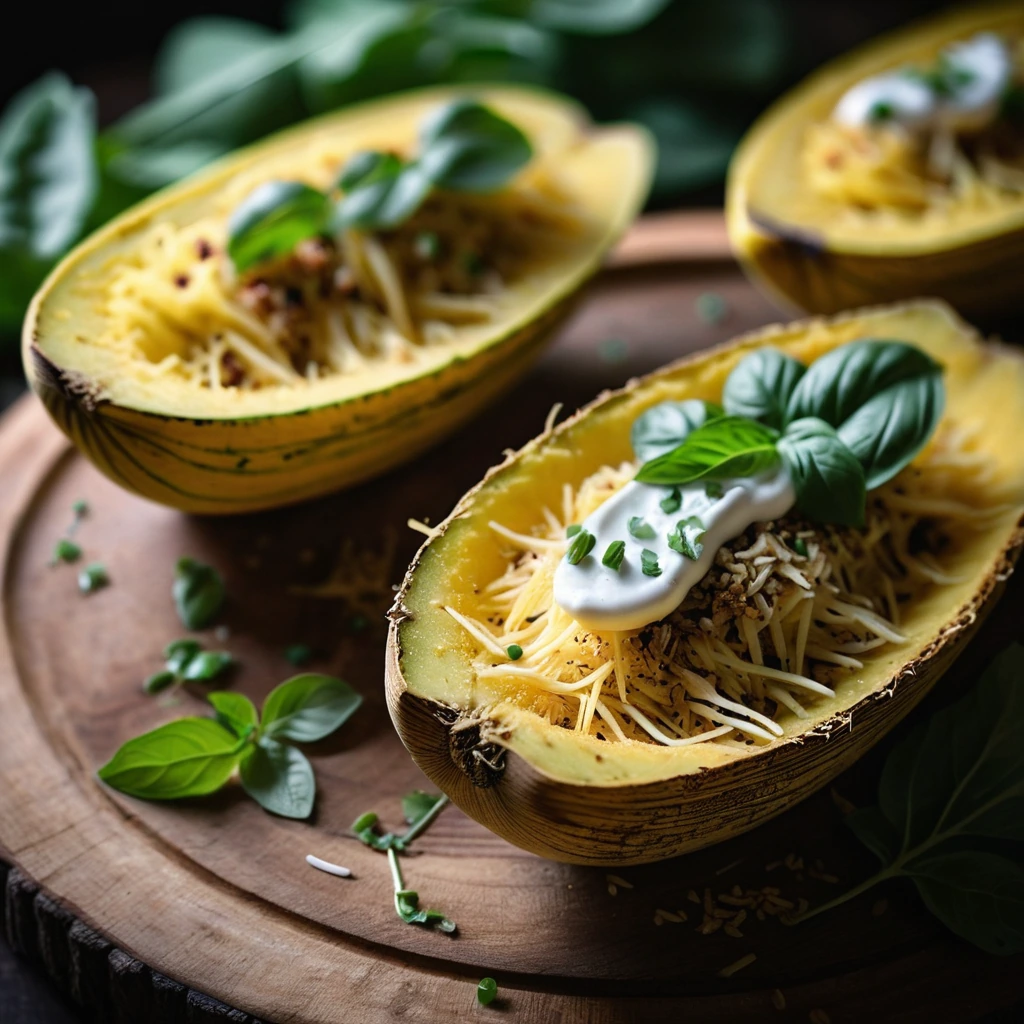 Two halves of spaghetti squash topped with a golden parmesan crust, served in a rustic wooden bowl.