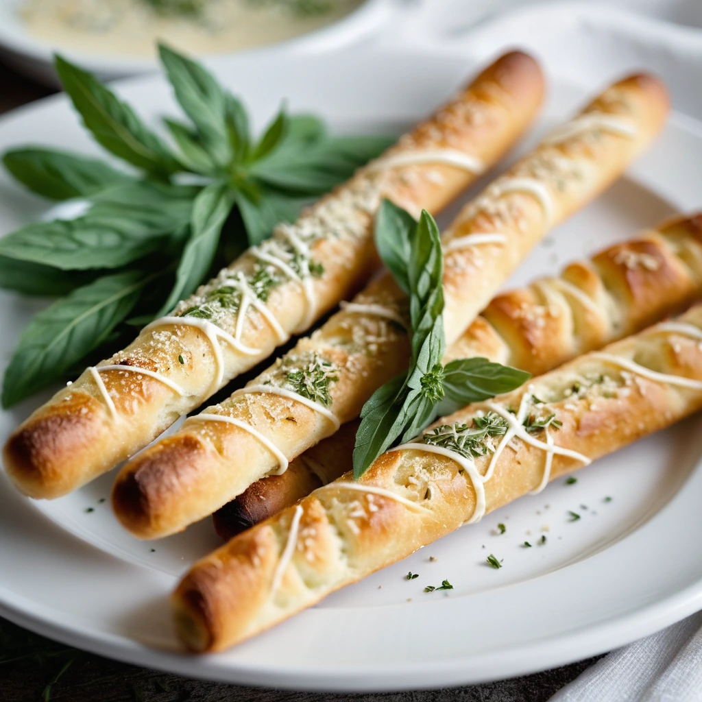 Golden brown breadsticks on a white plate, topped with green herbs and grated Parmesan.