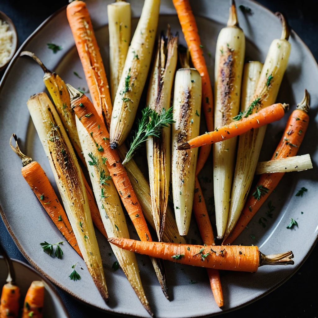 Roasted parsnips and carrots on a platter with melted parmesan cheese, vibrant orange and golden hues.