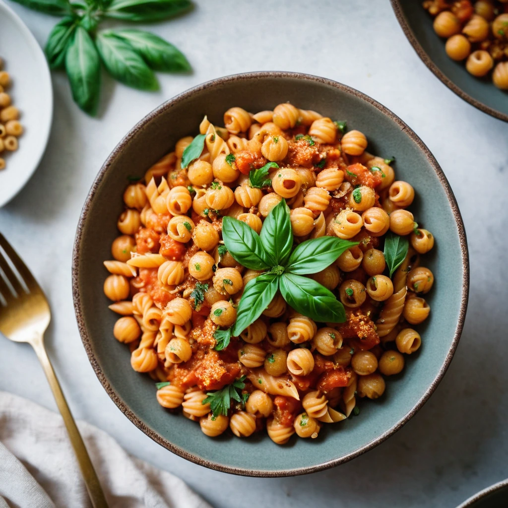 A rustic bowl of pasta e ceci with golden chickpeas and pasta in a vibrant tomato sauce, garnished with fresh parsley.