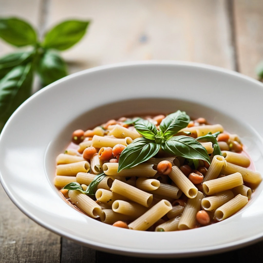 Steaming bowl of pasta e fagioli with green basil leaves sprinkled on top