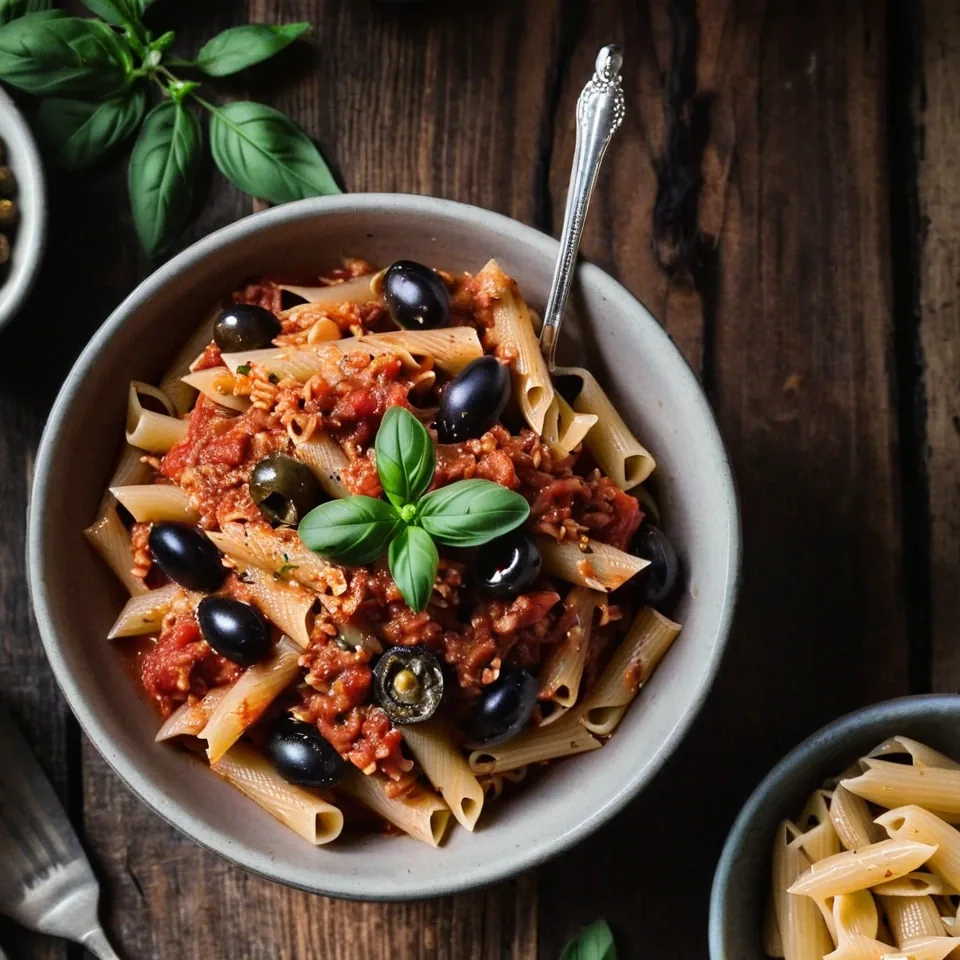 A plated serving of Pasta Puttanesca