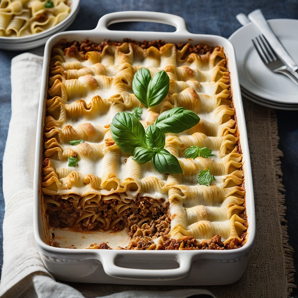Golden-brown casserole with layers of pasta, meat sauce, and creamy topping served in a baking dish.