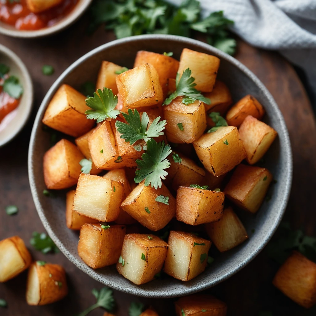 Bowl of golden crispy potato cubes topped with a vibrant red sauce and a sprinkle of fresh parsley.