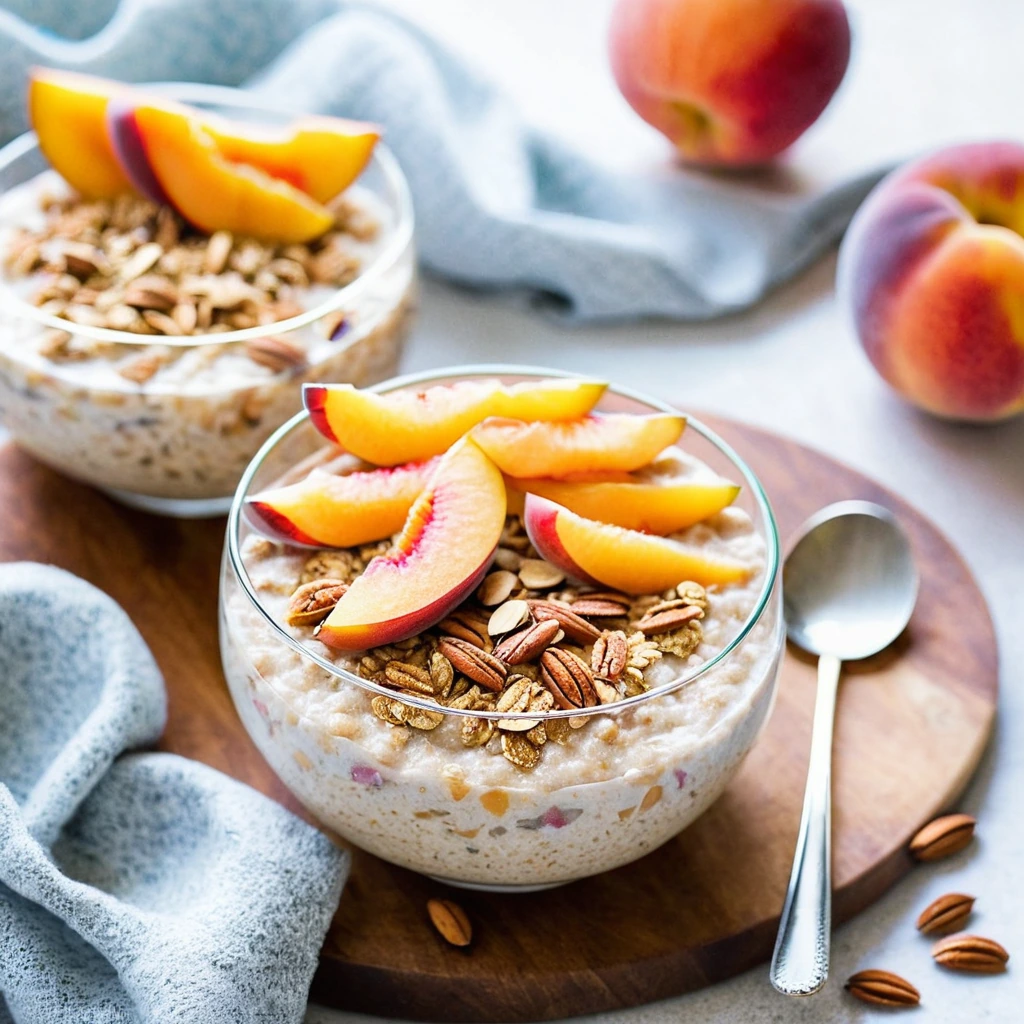 Creamy oats topped with juicy peach slices and a sprinkle of cinnamon in a rustic bowl