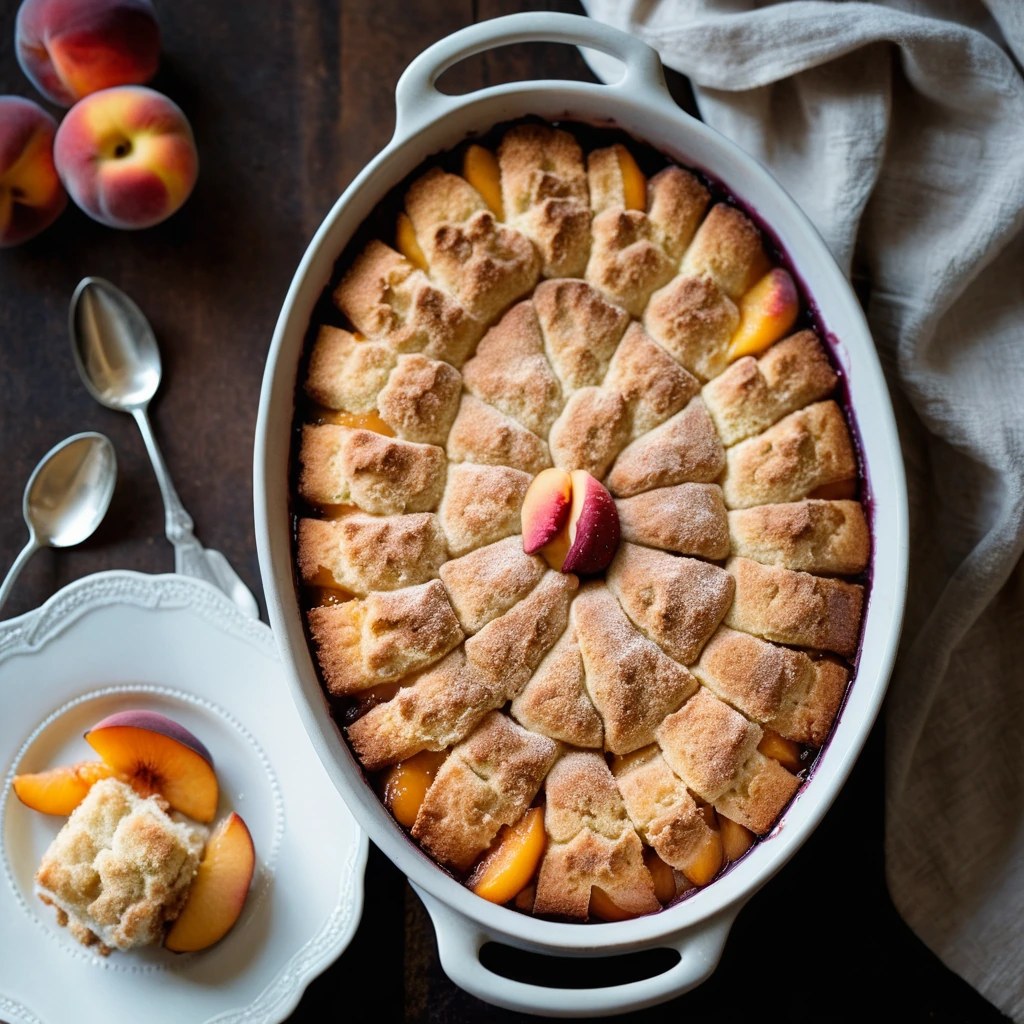 Rustic peach cobbler in a baking dish with golden biscuit topping and cinnamon dusted peaches.