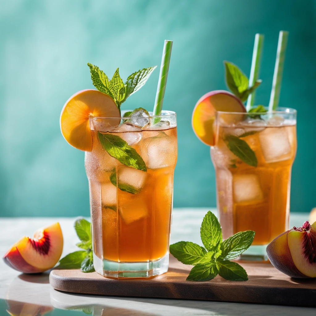 Clear glass filled with amber peach iced tea over ice, garnished with a sprig of fresh mint.