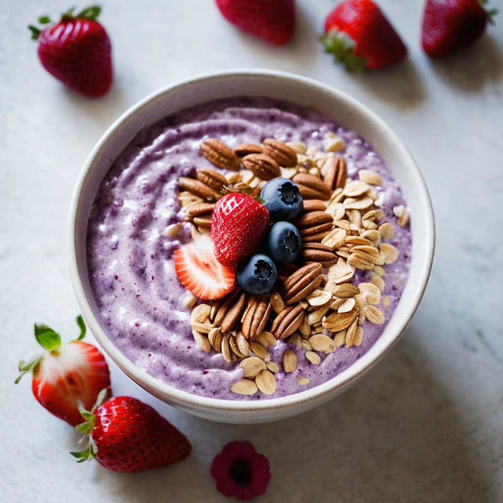 A bowl of purple and brown swirled overnight oats topped with sliced strawberries.