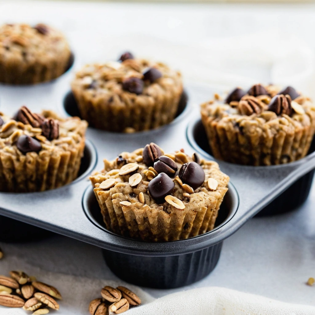 Golden oatmeal cups in a muffin tin, speckled with banana and drizzled with peanut butter.