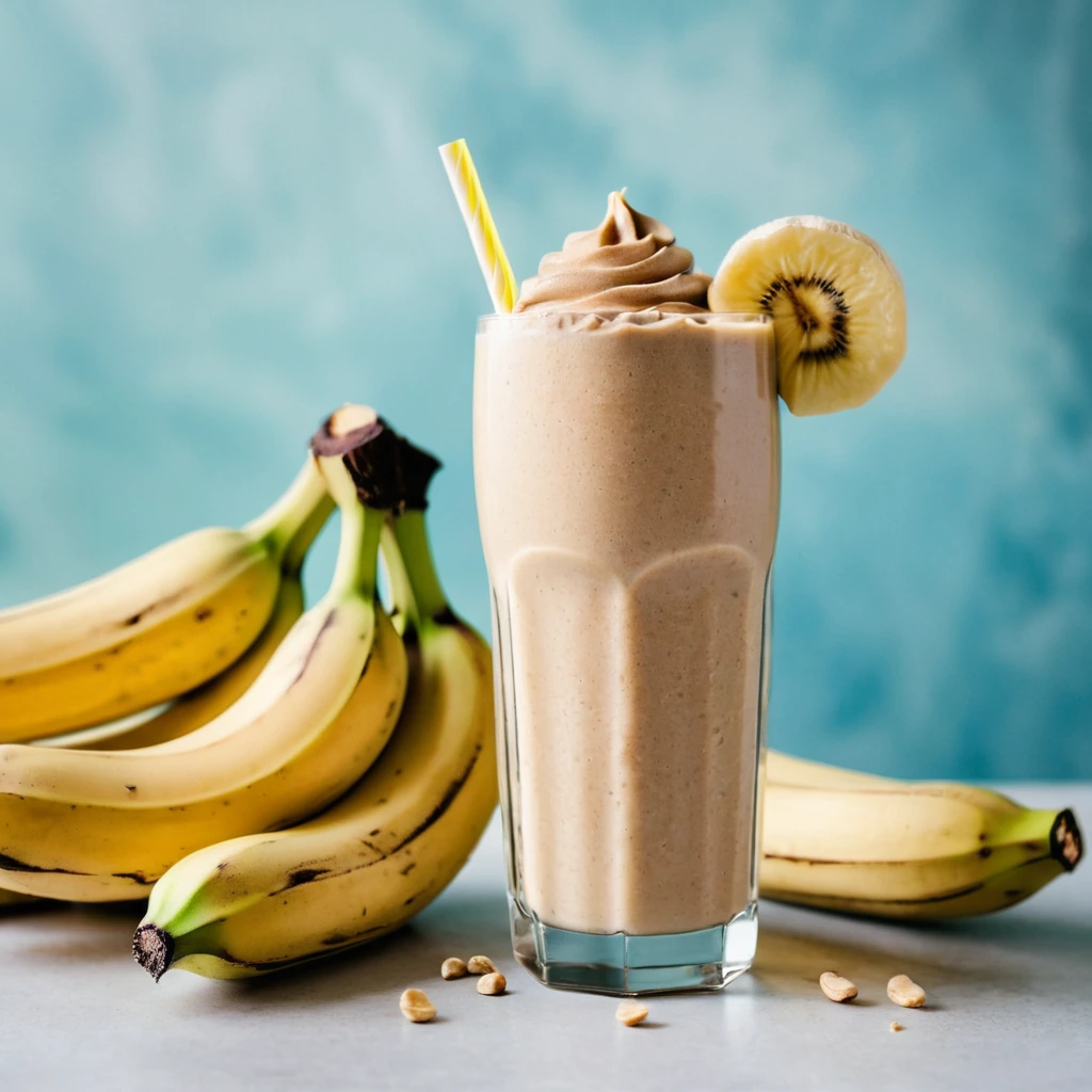 Thick smoothie in a tall glass with a swirl pattern, topped with banana slices and a sprinkle of peanut butter