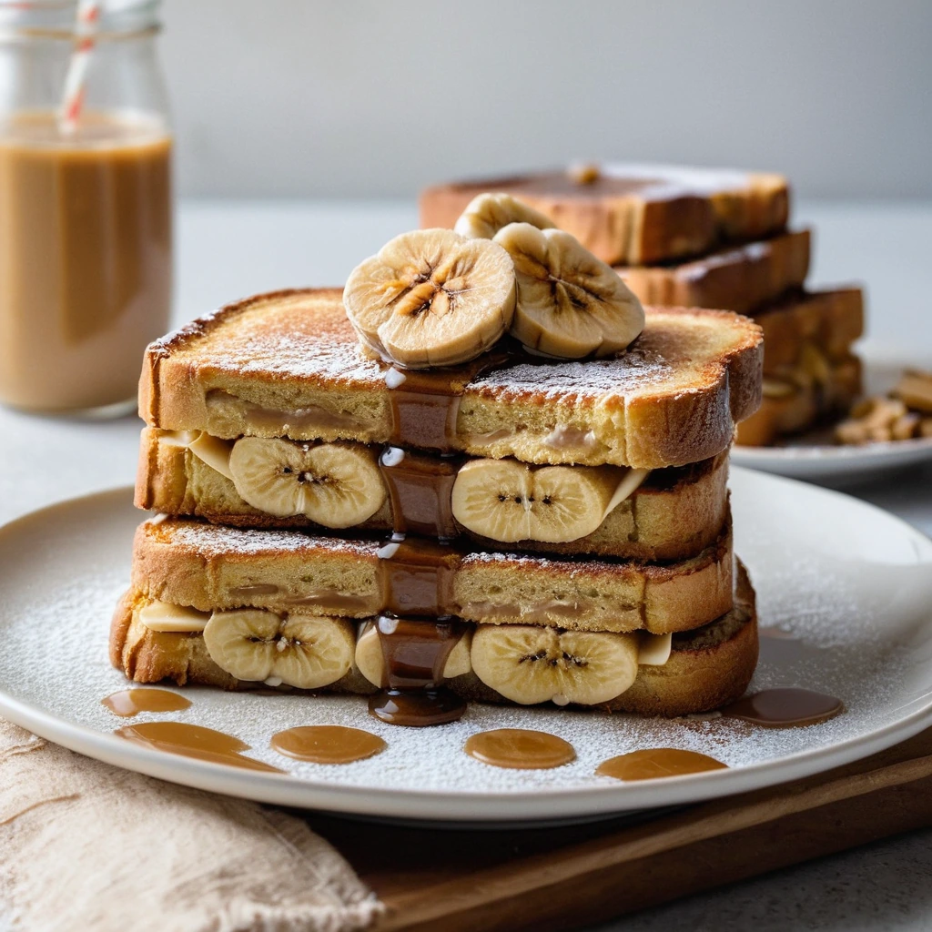 Golden brown French toast slices stuffed with peanut butter and banana, dusted with powdered sugar and drizzled with maple syrup.