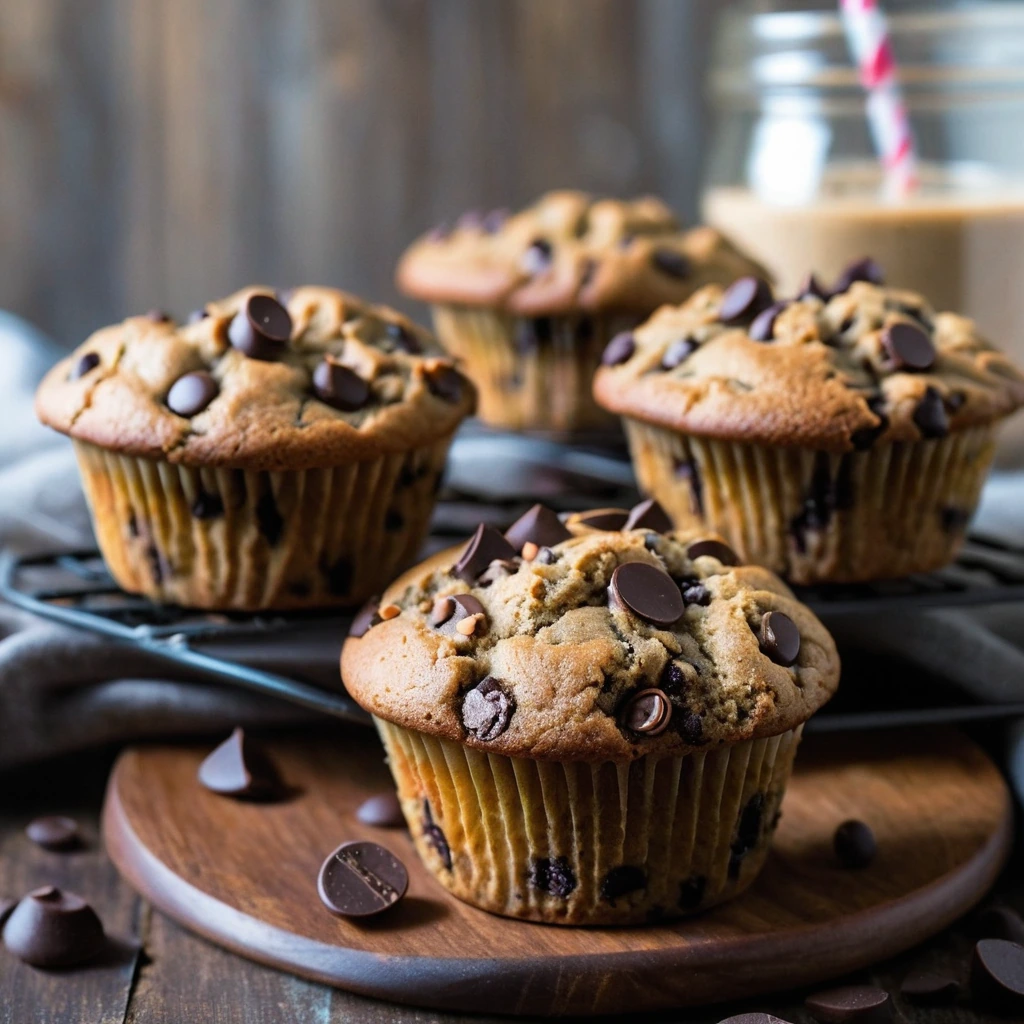 golden brown muffins speckled with chocolate chips on a rustic wooden board