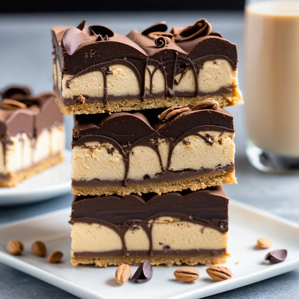 Golden crust bars with swirls of creamy peanut butter and dark chocolate on a plate.