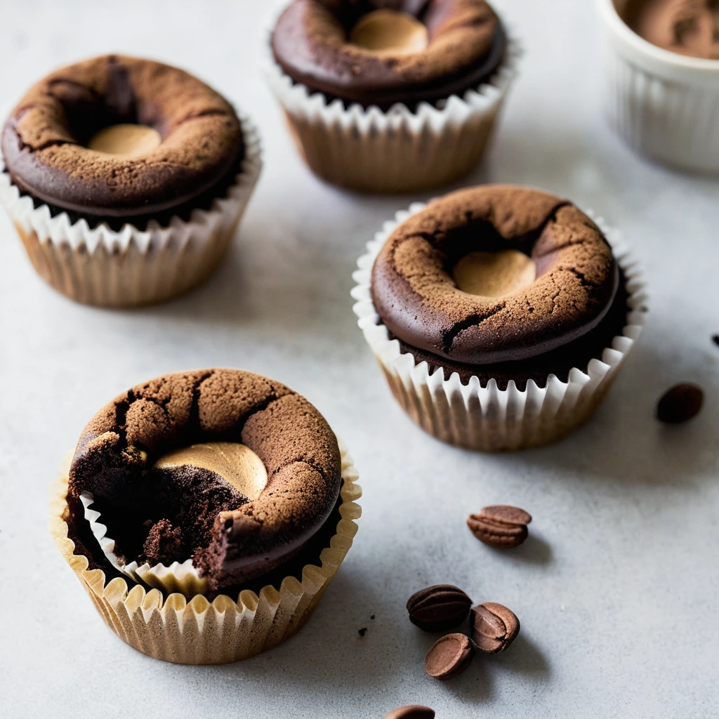 Two individual lava cakes in ramekins with molten peanut butter centers, dusted with cocoa powder.