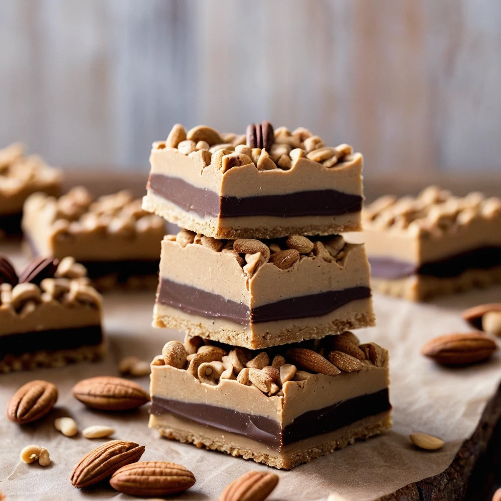 Golden brown fudge squares dusted with crushed pretzels on a rustic wooden board.