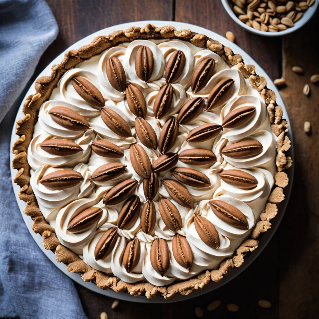 A slice of golden pie with a dark peanut butter filling, resting on a rustic wooden board.